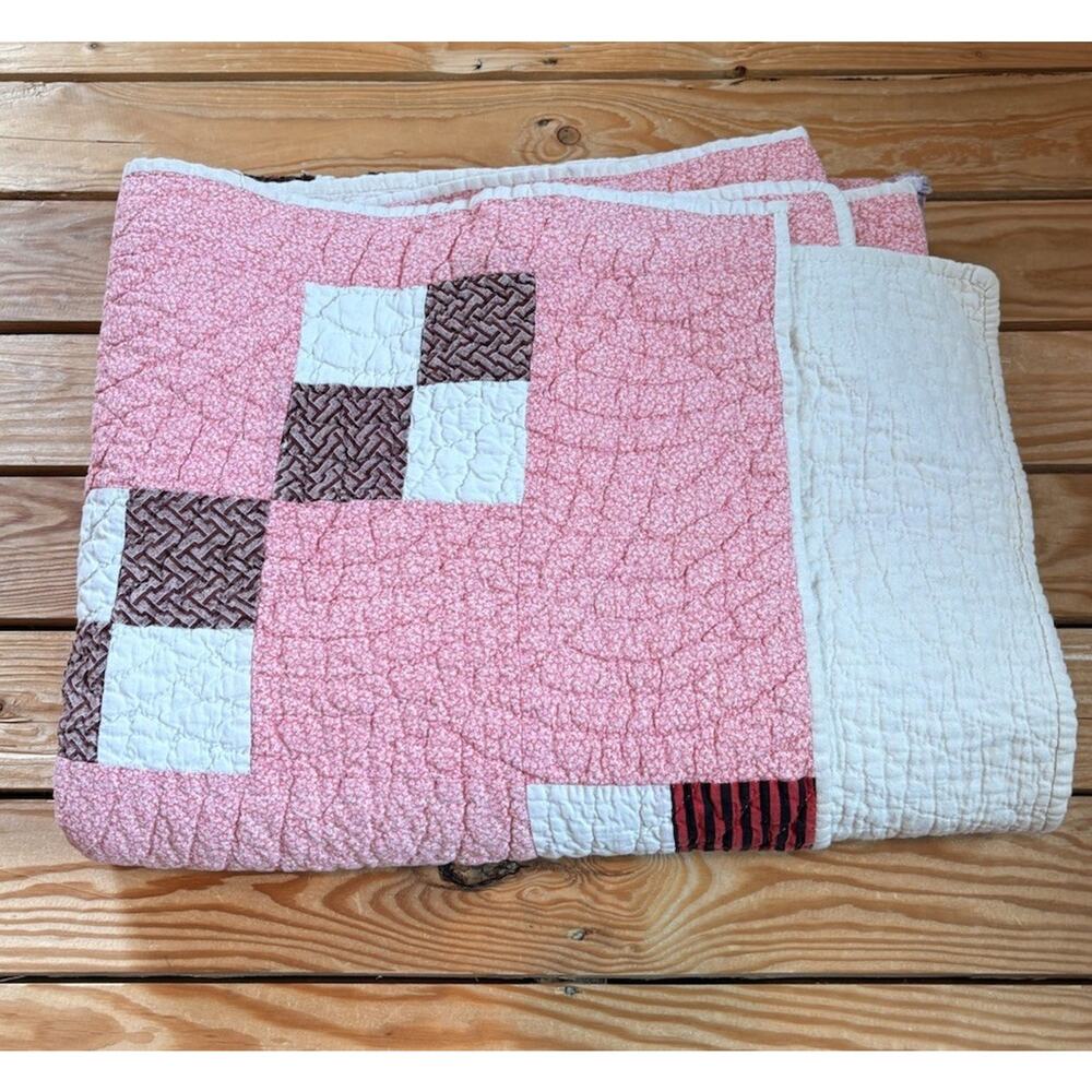 Vintage Handmade Patchwork Quilt Size 76x42 Pink M3 - Picture 5 of 8